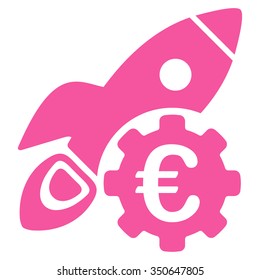 Euro Rocket Science vector icon. Style is flat symbol, pink color, rounded angles, white background.