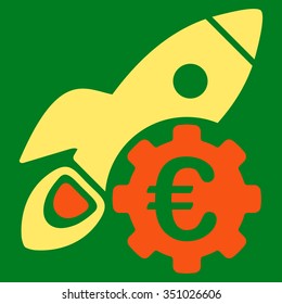 Euro Rocket Science vector icon. Style is bicolor flat symbol, orange and yellow colors, rounded angles, green background.