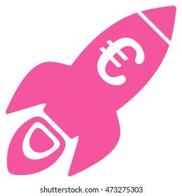 Euro Rocket Startup icon. Vector style is flat iconic symbol, pink color, white background.
