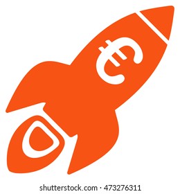 Euro Rocket Startup icon. Vector style is flat iconic symbol, orange color, white background.