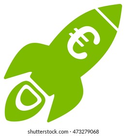 Euro Rocket Startup icon. Vector style is flat iconic symbol, eco green color, white background.