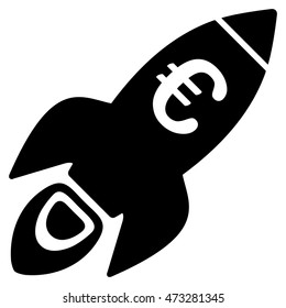 Euro Rocket Startup icon. Vector style is flat iconic symbol, black color, white background.