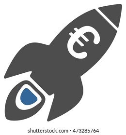 Euro Rocket Startup icon. Vector style is bicolor flat iconic symbol, cobalt and gray colors, white background.