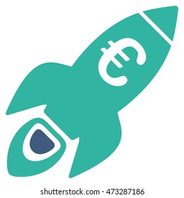 Euro Rocket Startup icon. Vector style is bicolor flat iconic symbol, cobalt and cyan colors, white background.