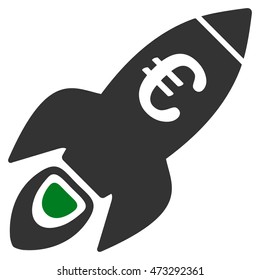 Euro Rocket Startup icon. Vector style is bicolor flat iconic symbol, green and gray colors, white background.