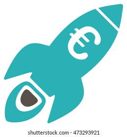 Euro Rocket Startup icon. Vector style is bicolor flat iconic symbol, grey and cyan colors, white background.