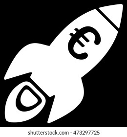 Euro Rocket Startup icon. Vector style is flat iconic symbol, white color, black background.