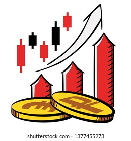 Euro, ruble, japanese candles, Growth Chart. Sketch-Style Icon. Symbol. Sign. Stock Vector Illustration. Transparent. White Isolated.