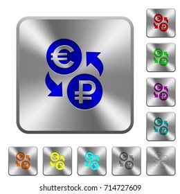 Euro Ruble money exchange engraved icons on rounded square glossy steel buttons