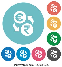 Euro Rupee money exchange flat white icons on round color backgrounds