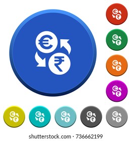 Euro Rupee money exchange round color beveled buttons with smooth surfaces and flat white icons