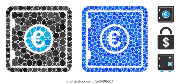 Euro safe composition of filled circles in variable sizes and shades, based on Euro safe icon. Vector random circles are combined into blue composition.