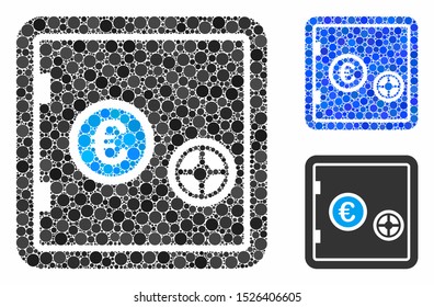 Euro safe composition for Euro safe icon of small circles in different sizes and color hues. Vector filled circles are organized into blue mosaic. Dotted Euro safe icon in usual and blue versions.