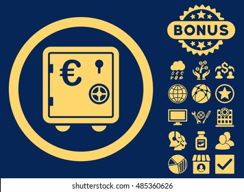 Euro Safe icon with bonus elements. Vector illustration style is flat iconic symbols, yellow color, blue background.
