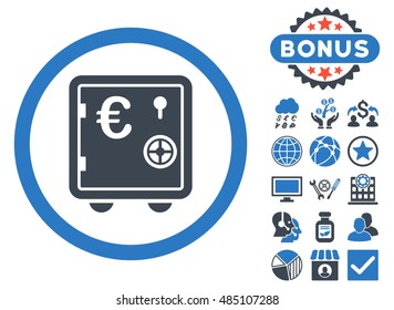 Euro Safe icon with bonus pictures. Vector illustration style is flat iconic bicolor symbols, smooth blue colors, white background.