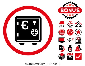 Euro Safe icon with bonus pictures. Vector illustration style is flat iconic bicolor symbols, intensive red and black colors, white background.