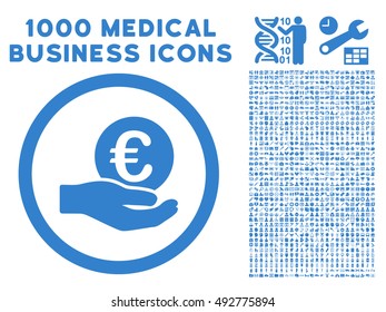 Euro Salary Hand icon with 1000 medical business cobalt vector pictograms. Clipart style is flat symbols, white background.