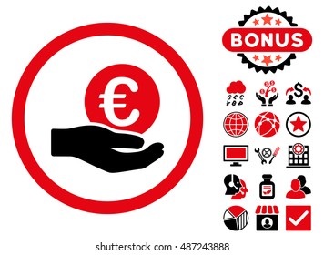 Euro Salary Hand icon with bonus images. Vector illustration style is flat iconic bicolor symbols, intensive red and black colors, white background.