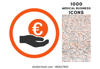 Euro Salary Hand rounded vector bicolor icon with 1000 medical business icons. Set style is flat pictograms, orange and gray colors, white background.