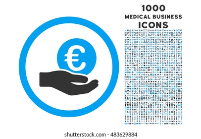 Euro Salary Hand rounded vector bicolor icon with 1000 medical business icons. Set style is flat pictograms, blue and gray colors, white background.