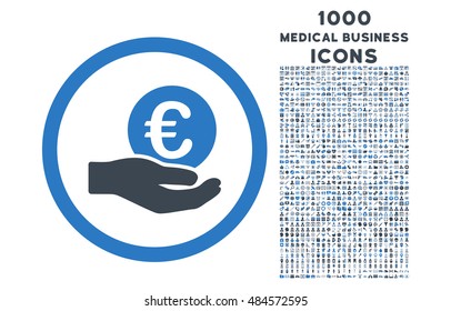 Euro Salary Hand rounded vector bicolor icon with 1000 medical business icons. Set style is flat pictograms, smooth blue colors, white background.
