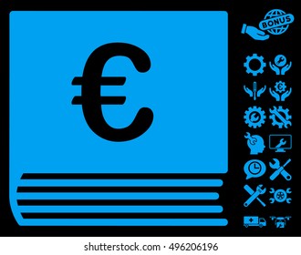 Euro Sales Book icon with bonus tools images. Vector illustration style is flat iconic symbols, blue color, black background.