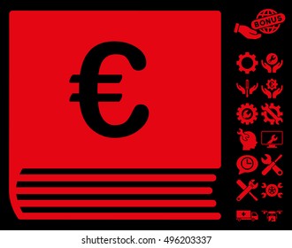 Euro Sales Book pictograph with bonus tools icon set. Vector illustration style is flat iconic symbols, red color, black background.