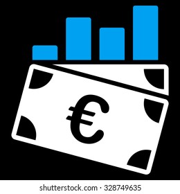 Euro Sales Chart vector icon. Style is bicolor flat symbol, blue and white colors, rounded angles, black background.