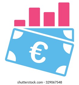 Euro Sales Chart vector icon. Style is bicolor flat symbol, pink and blue colors, rounded angles, white background.