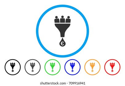 Euro Sales Funnel rounded icon. Vector illustration style is a grey flat iconic euro sales funnel symbol inside a circle. Additional color variants are black, grey, green, blue, red, orange.
