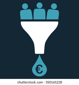 Euro Sales Funnel vector icon. Style is bicolor flat symbol, blue and white colors, rounded angles, dark blue background.