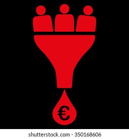 Euro Sales Funnel vector icon. Style is flat symbol, red color, rounded angles, black background.