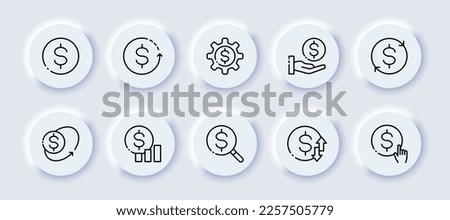 Euro set icon. Check, safe, income, chart, debit, dollar, credit, magnifier, card, calculator, tax, nfs, declaration, bank. Money concept. Neomorphism style. Vector line icon for Advertising