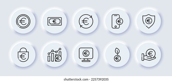 Euro set icon. Dollar bills, cents, cash, currency, coins, arrows, bag, transfer, transaction, accrual. Financial management concept. Neomorphism style. Vector line icon for Advertising