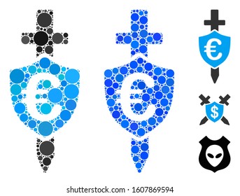 Euro shield composition of filled circles in variable sizes and color tones, based on Euro shield icon. Vector small circles are united into blue composition.