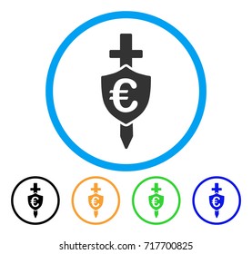 Euro Shield icon. Vector illustration style is a flat iconic euro shield gray rounded symbol inside light blue circle with black, green, blue, yellow color versions.