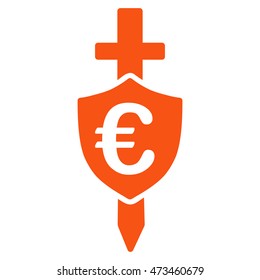 Euro Shield icon. Vector style is flat iconic symbol with rounded angles, orange color, white background.