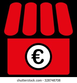Euro Shop vector icon. Style is bicolor flat symbol, red and white colors, rounded angles, black background.