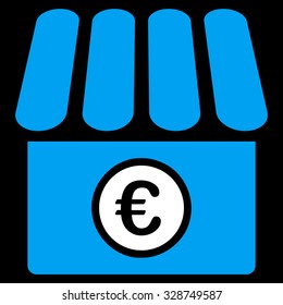 Euro Shop vector icon. Style is bicolor flat symbol, blue and white colors, rounded angles, black background.