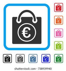 Euro Shopping Bag icon. Flat gray iconic symbol in a light blue rounded rectangular frame. Black, gray, green, blue, red, orange color versions of Euro Shopping Bag vector.