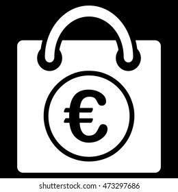 Euro Shopping Bag icon. Vector style is flat iconic symbol, white color, black background.
