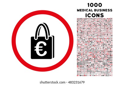 Euro Shopping Bag rounded vector bicolor icon with 1000 medical business icons. Set style is flat pictograms, intensive red and black colors, white background.