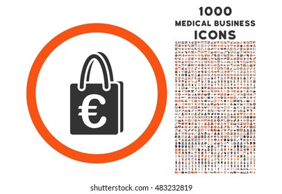 Euro Shopping Bag rounded vector bicolor icon with 1000 medical business icons. Set style is flat pictograms, orange and gray colors, white background.