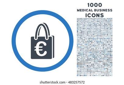 Euro Shopping Bag rounded vector bicolor icon with 1000 medical business icons. Set style is flat pictograms, smooth blue colors, white background.