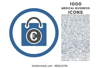 Euro Shopping Bag rounded vector bicolor icon with 1000 medical business icons. Set style is flat pictograms, cobalt and gray colors, white background.