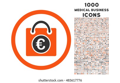 Euro Shopping Bag rounded vector bicolor icon with 1000 medical business icons. Set style is flat pictograms, orange and gray colors, white background.