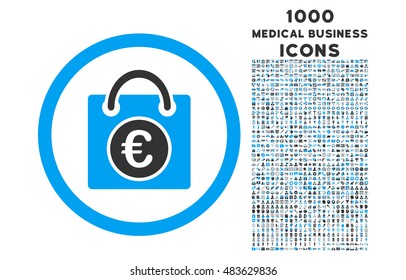 Euro Shopping Bag rounded vector bicolor icon with 1000 medical business icons. Set style is flat pictograms, blue and gray colors, white background.