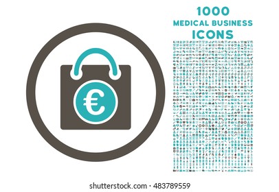 Euro Shopping Bag rounded vector bicolor icon with 1000 medical business icons. Set style is flat pictograms, grey and cyan colors, white background.