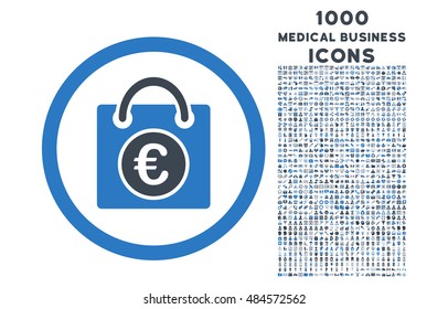 Euro Shopping Bag rounded vector bicolor icon with 1000 medical business icons. Set style is flat pictograms, smooth blue colors, white background.