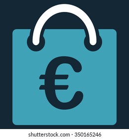 Euro Shopping Bag vector icon. Style is bicolor flat symbol, blue and white colors, rounded angles, dark blue background.